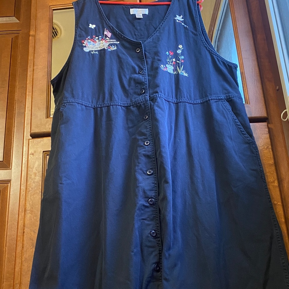 Vintage Denim Size 20W Navy Midi Dress with Embroidery Timeless Classic